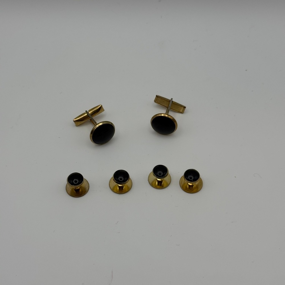 Vintage Gold Tone Black Onyx Tuxedo Cufflinks and Shirt Studs Formal Set 6pc